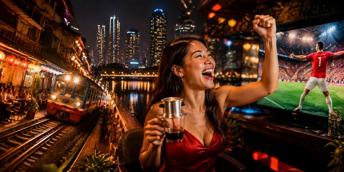 Quán cà phê Hà Nội với màn hình đọc thông tin kèo thể thao trên di động