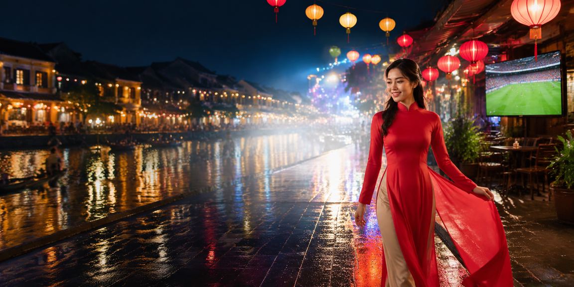Phố Hội An với áo dài và màn hình bảo mật tài khoản giải trí trực tuyến