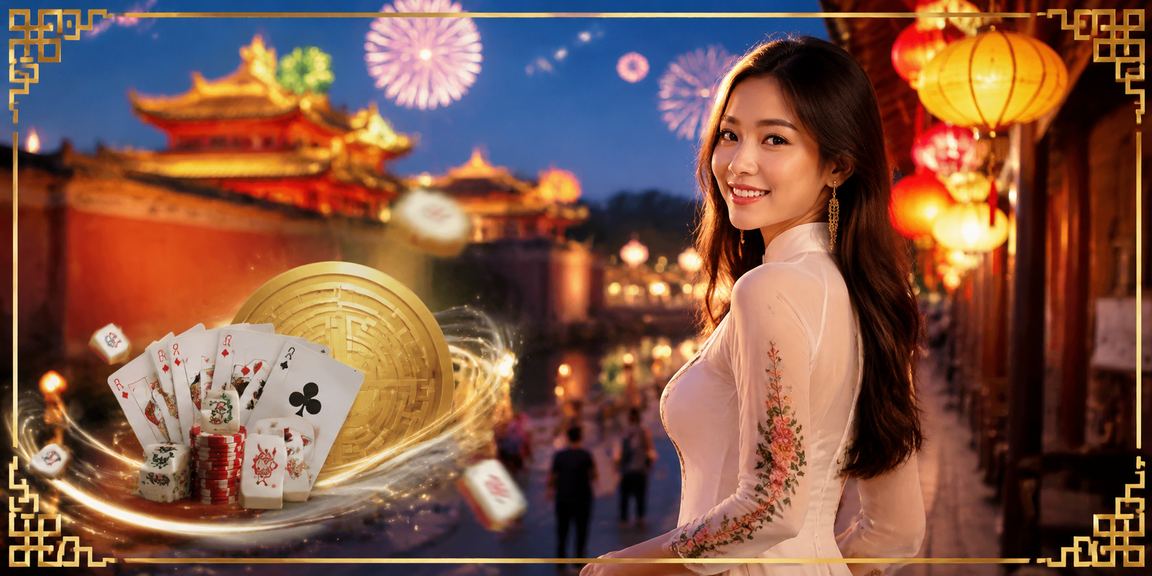 Không gian chợ đêm Huế với bàn chơi bài và thông tin ưu đãi giải trí