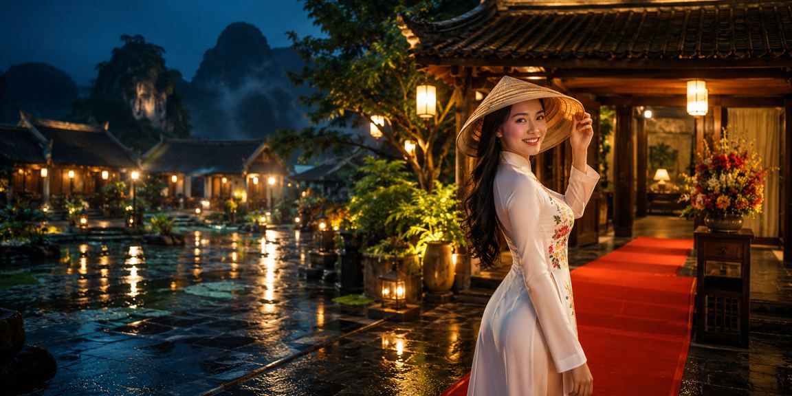 Khung cảnh Ninh Bình với nón lá và màn hình thông tin thể thao trực tuyến